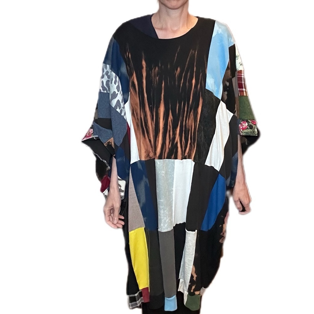 Patchwork bleached tunic dress handmade upcycle one size raw hem neckline